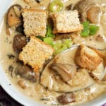 Close-up shoot of a while bowl with mushroom, rice and crouton soup