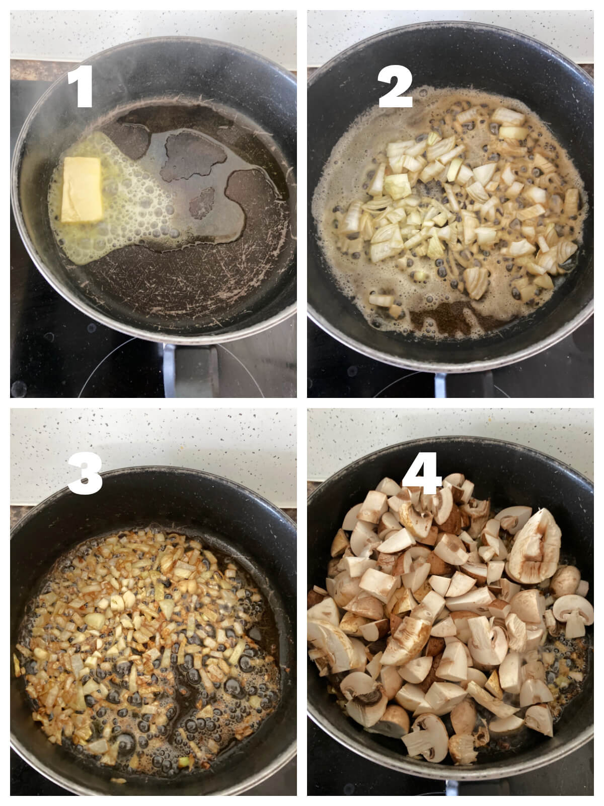 Collage of 4 photos to show how to make mushroom soup.