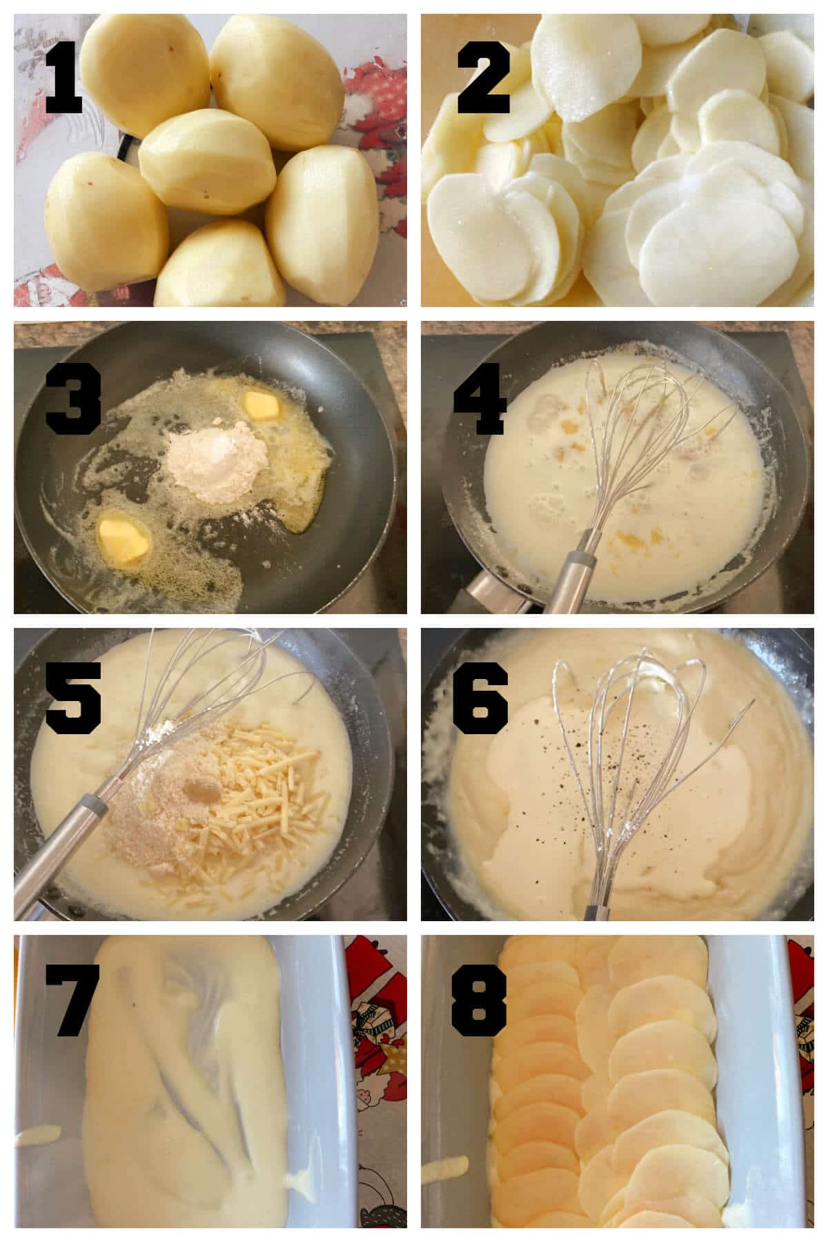 Collage of 8 photos to show how to make scalloped potatoes