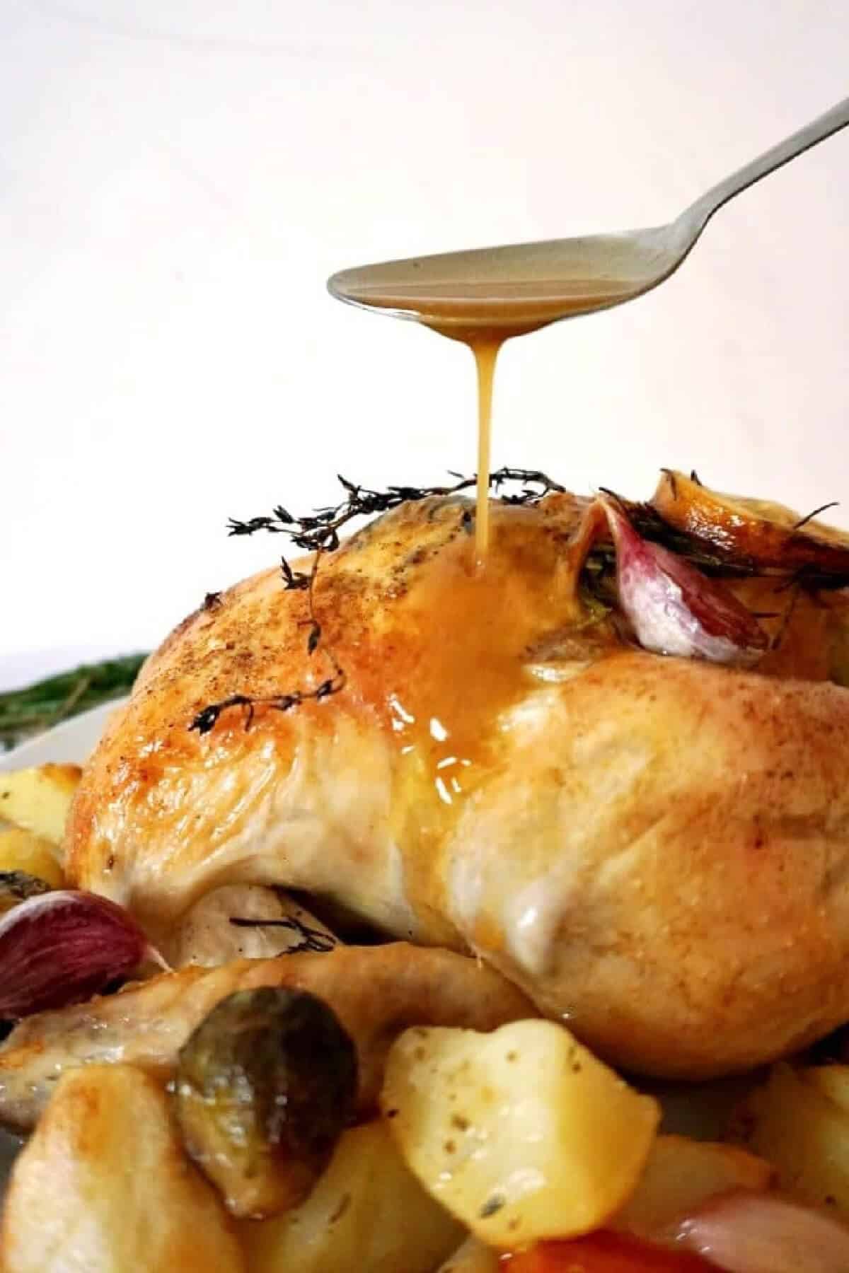 Gravy being poured over a whole roasted chicken.
