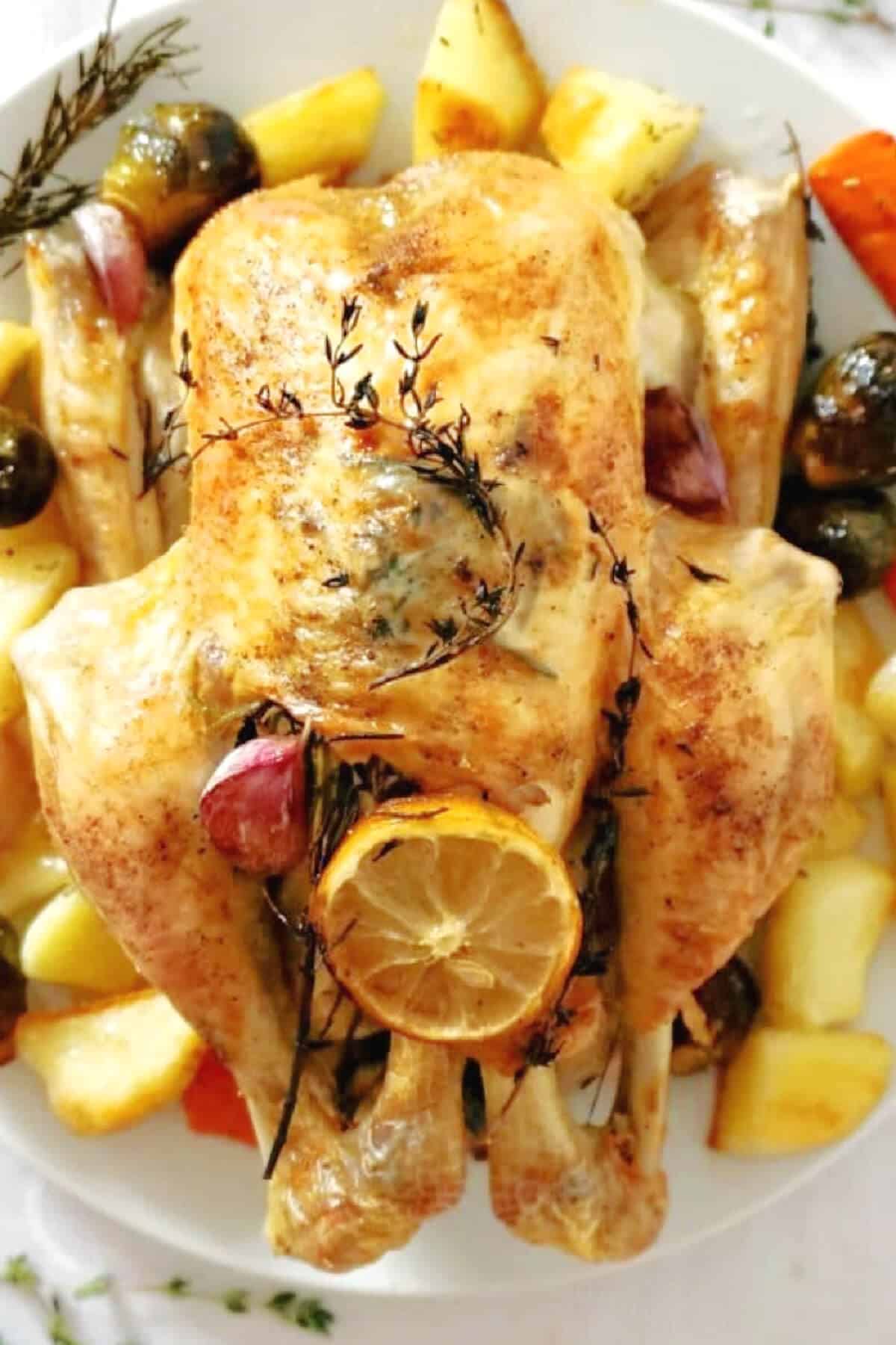 Close-up shoot of a whole roasted chicken with veggies around it.