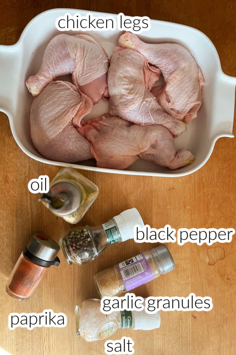 Ingredients needed to make chicken leg quarters in the oven.