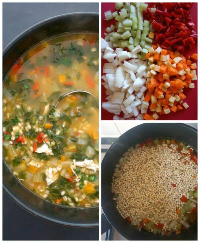 Collage of 3 photos to show how to make chicken and barley soup