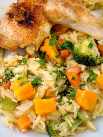 Roasted Chicken Leg Quarters with Vegetable Orzo