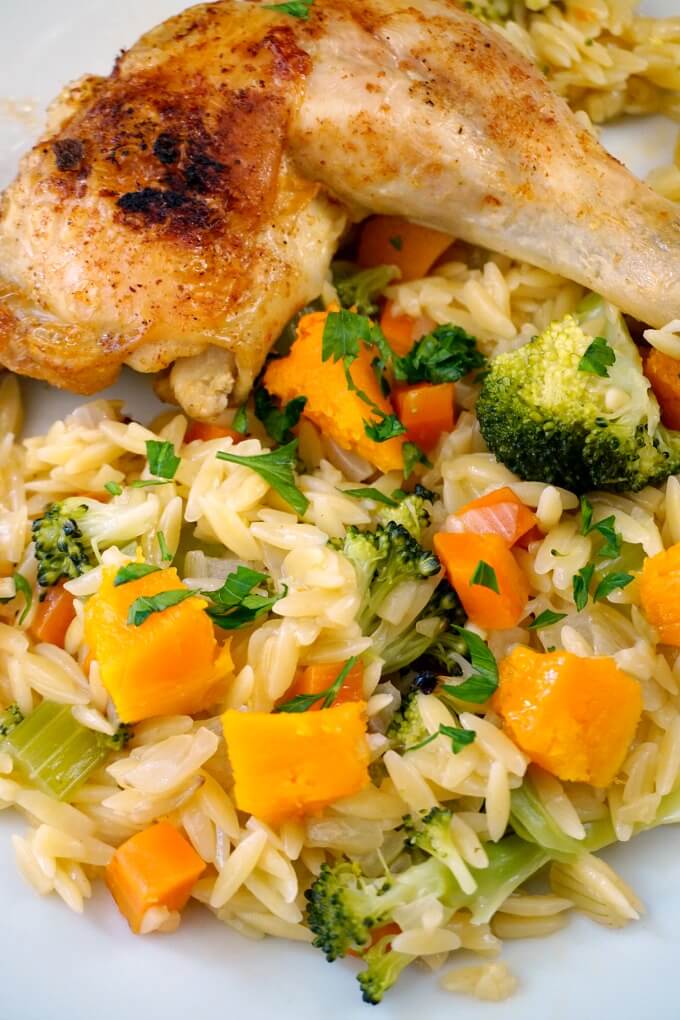 Roasted Chicken Leg Quarters with Vegetable Orzo