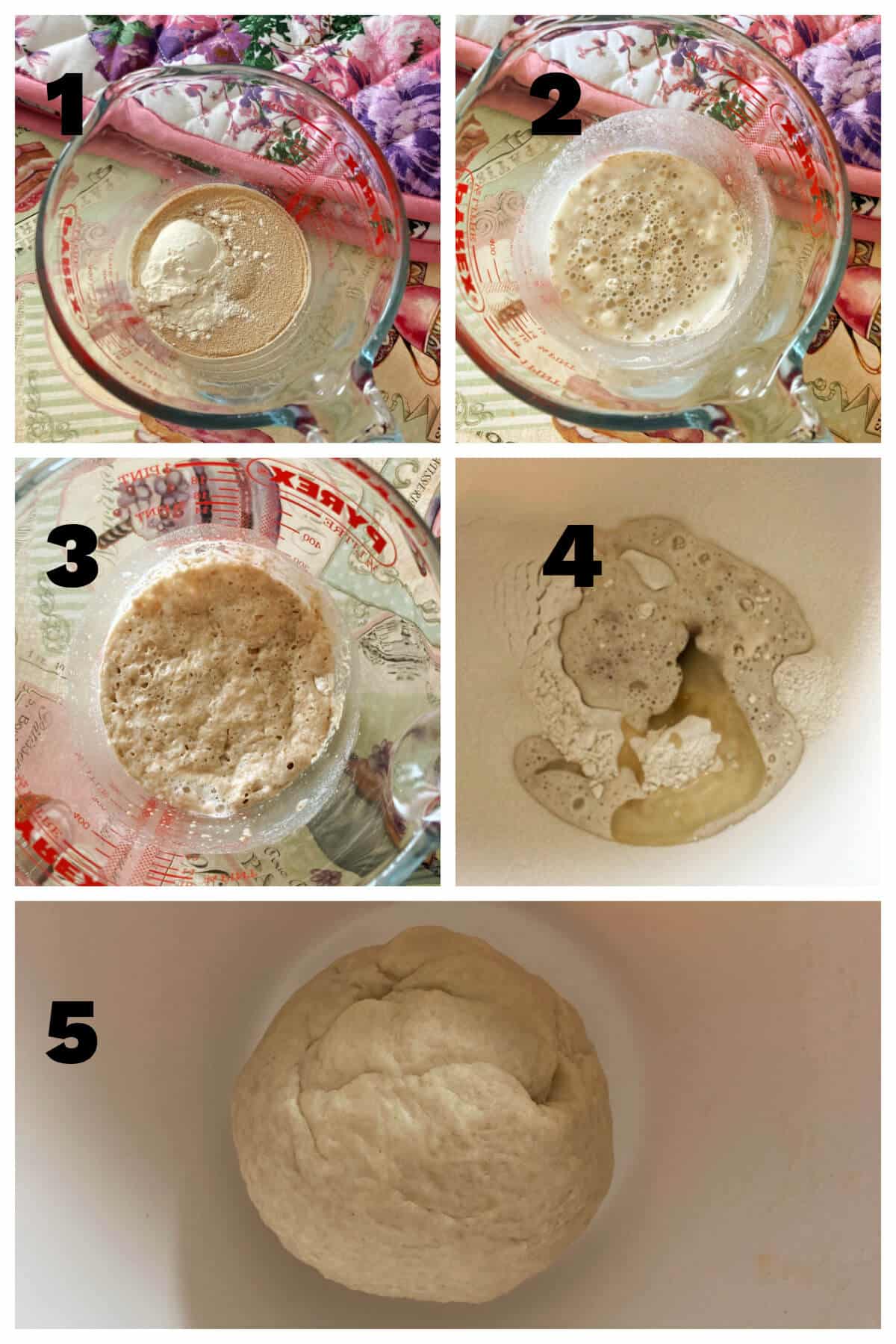 Collage of 5 photos to show how to make the dough for crescent rolls.