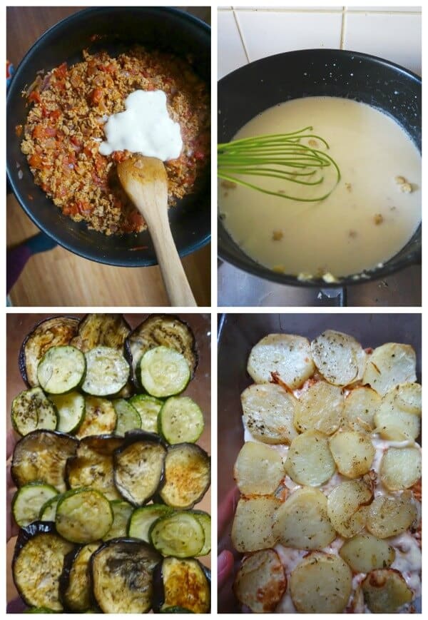 Collage of 4 phptps to show how to make greek moussaka