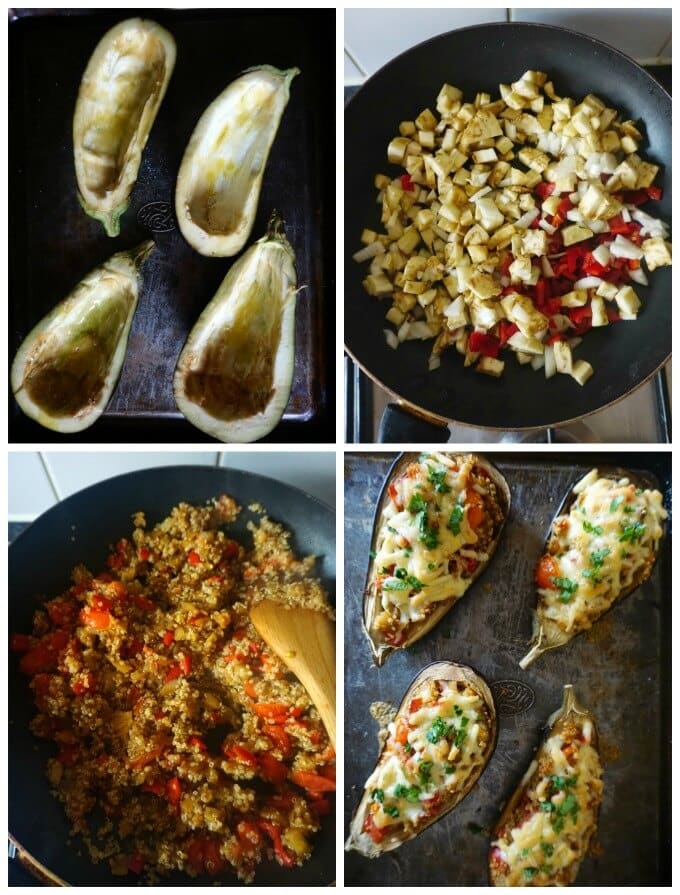 Collage of 4 photos to show how to make stuffed eggplant.
