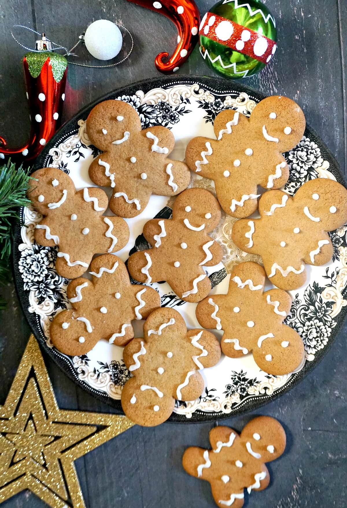 Overhead photo of a plate with gingerbread man cookies.