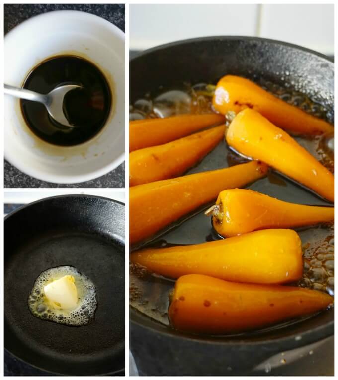 Collage of 3 photos to show how to make Soy Honey Glazed Baby Carrots