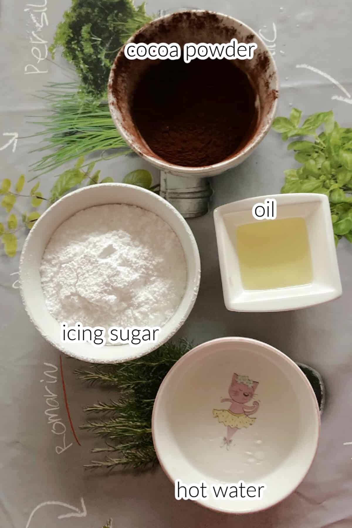 Ingredients needed to make chocolate glaze.