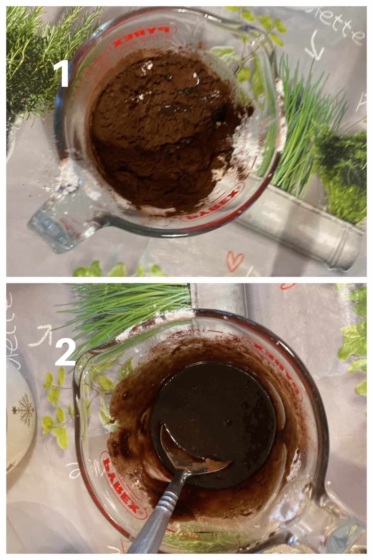 Collage of 2 photos to show how to make chocolate glaze.