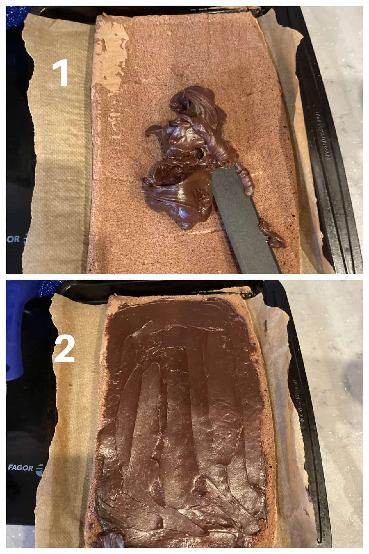 Collage of 2 photos to show how to make chocolate swiss roll with chocolate filling.