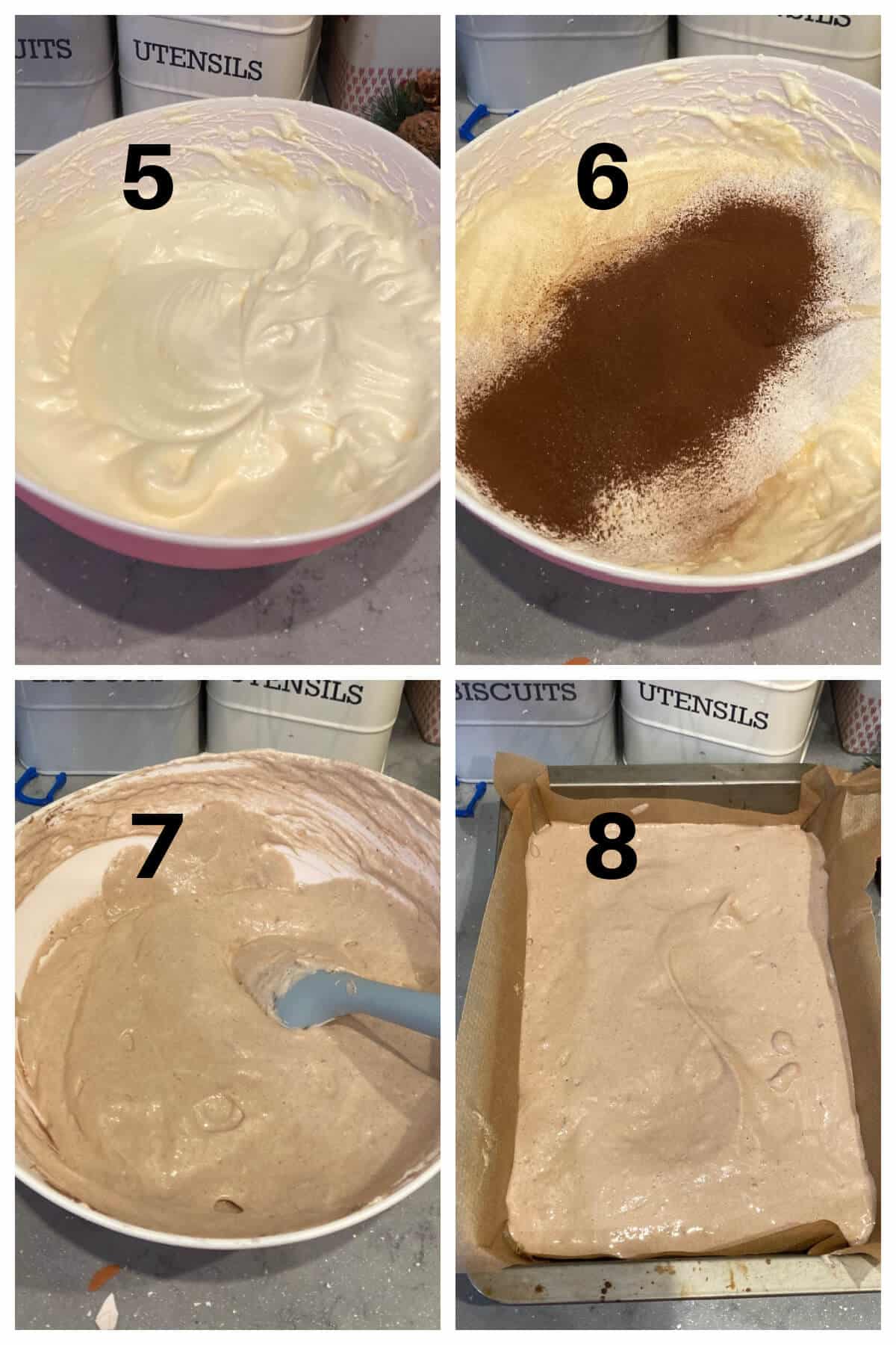 Collage of 4 photos to show how to make chocolate sponge.