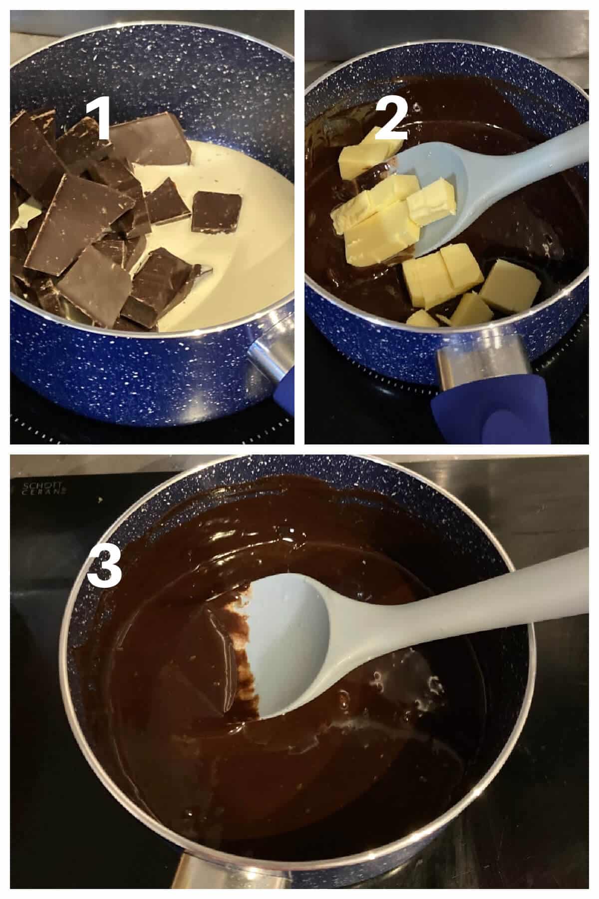 Collage of 3 photos to show how to make chocolate filling.