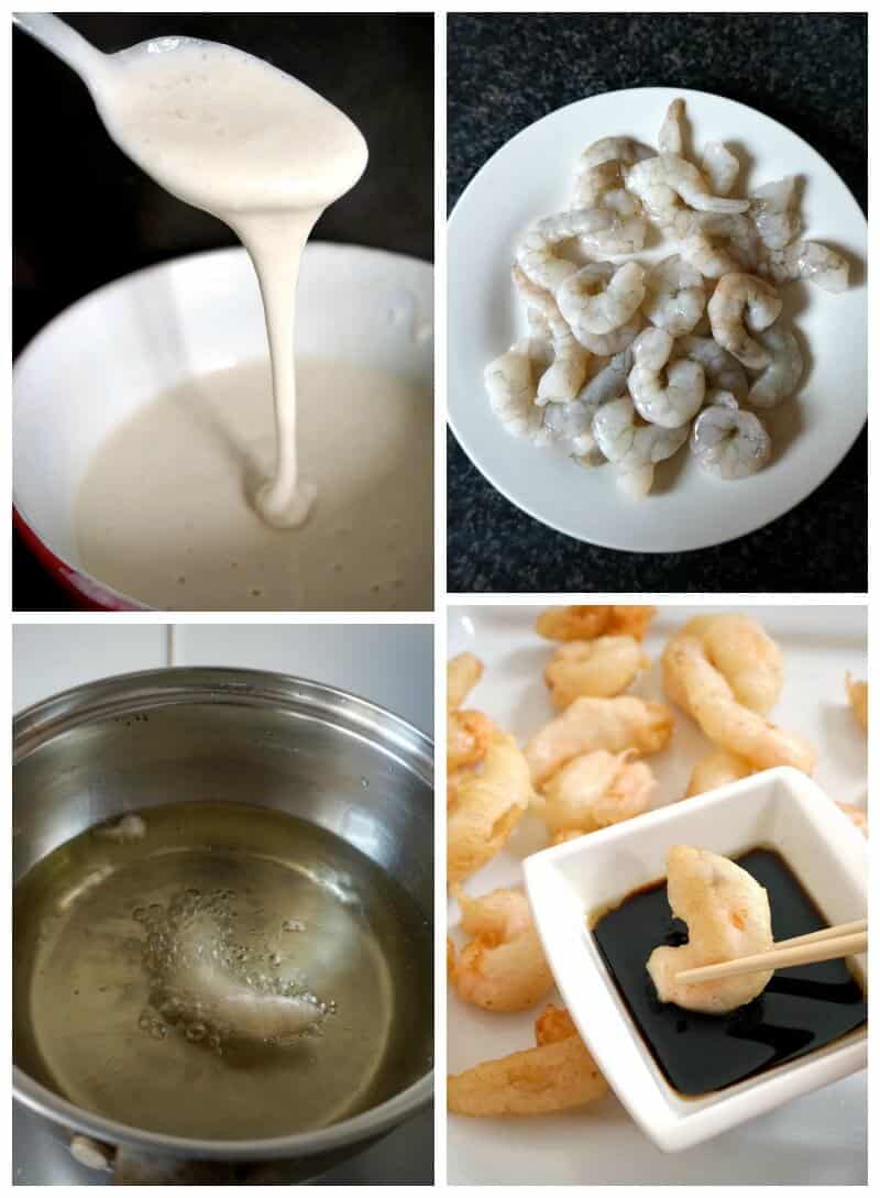 Collage of 4 photos to show how to make shrimp tempura for shrimp tempura roll.