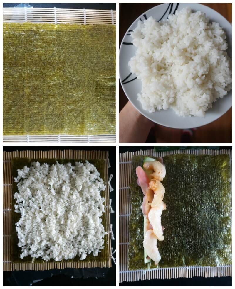 Collage of 4 photos to show how to make shrimp tempura roll.