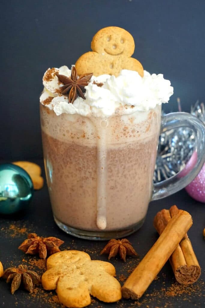 A glass with gingerbread hot chocolate garnished with cream, a star anise and a gingerbread cookie