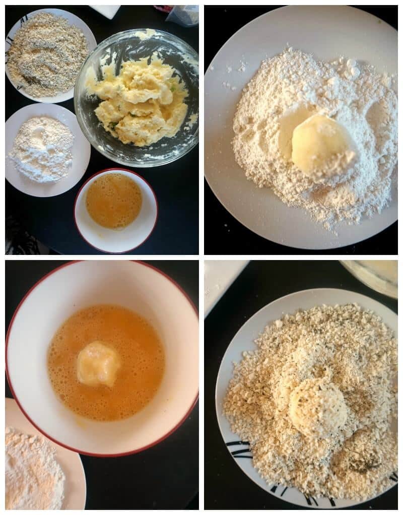 Collage of 4 photos to show how to make Leftover Mashed Potato Balls.