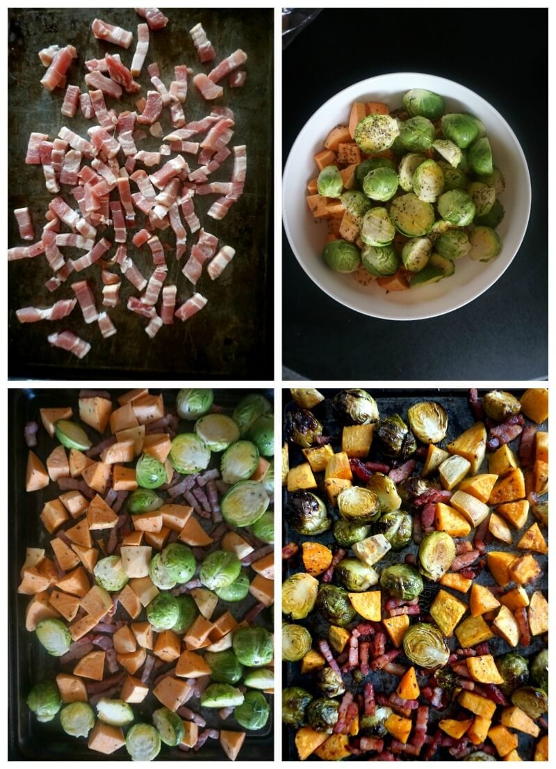 Collage of 4 photos to show how to make Maple Roasted Brussel Sprouts with Bacon and Sweet Potatoes.
