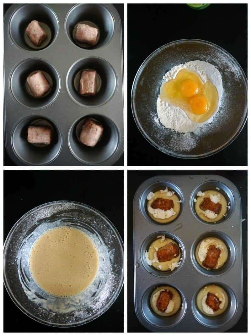 A collage of 4 photos to show how to make Mini Toad in the Hole Canapés.