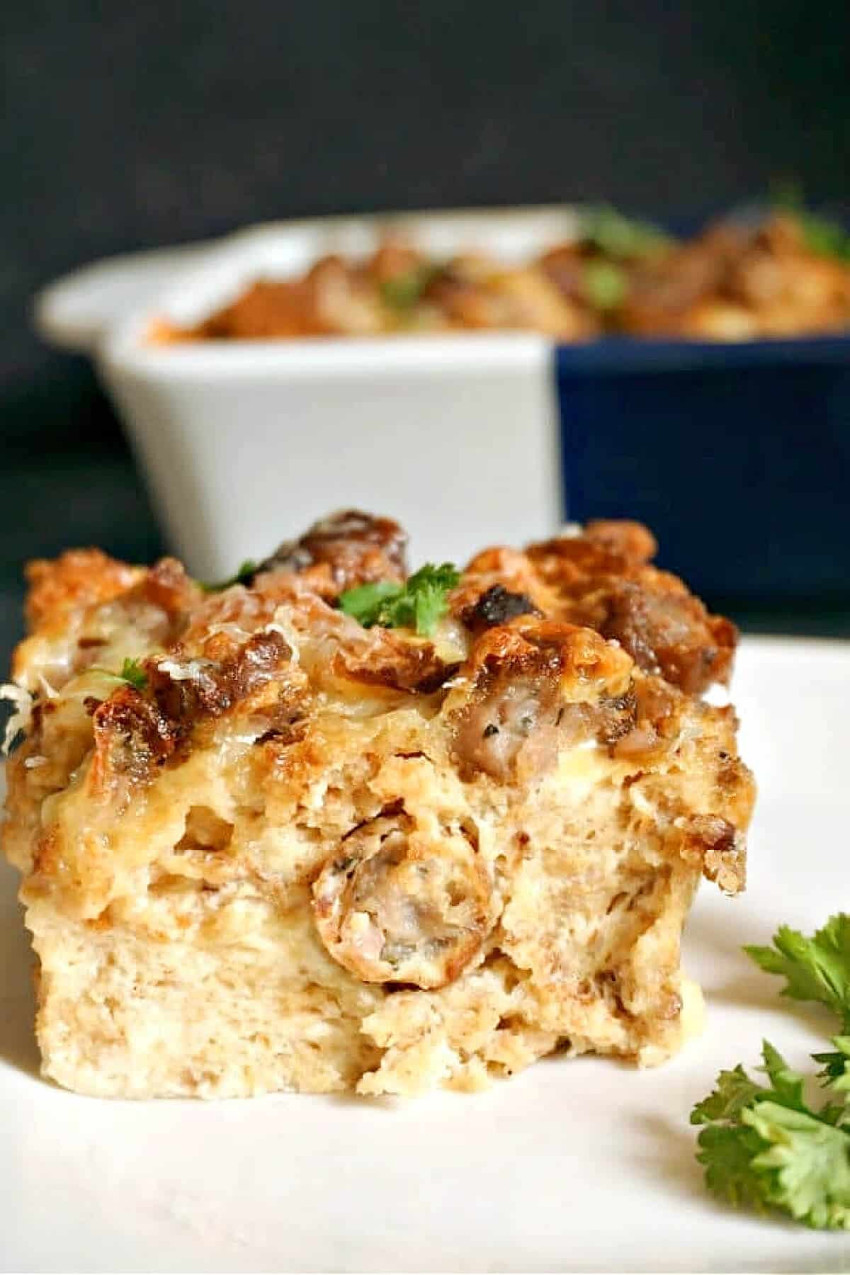A slice of sausage and egg casserole