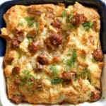 Overhead shoot of a dish with breakfast casserole