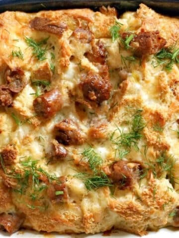 Overhead shoot of a dish with breakfast casserole