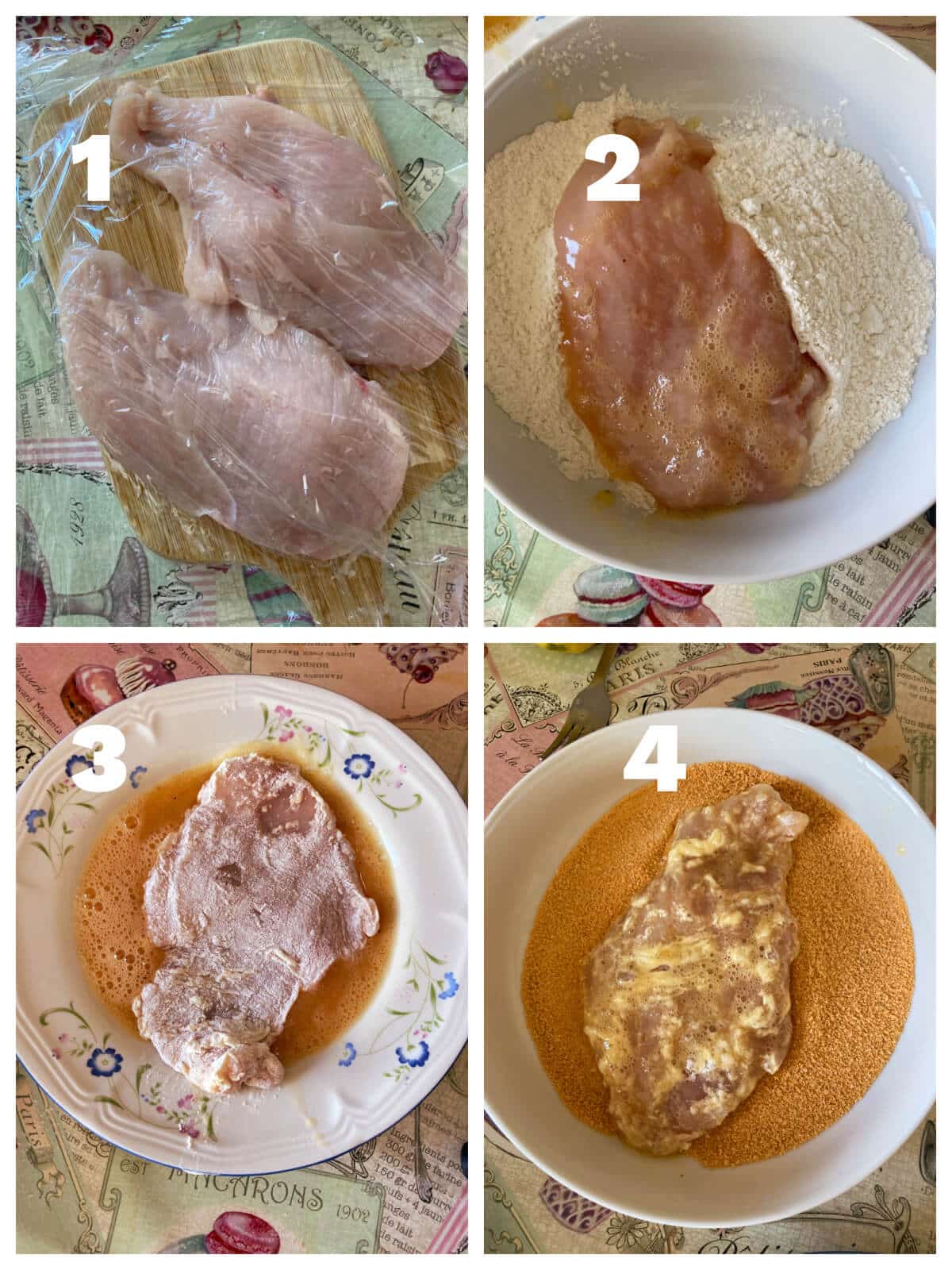 Collage of 4 photos to show how to prepare the chicken for katsu curry.