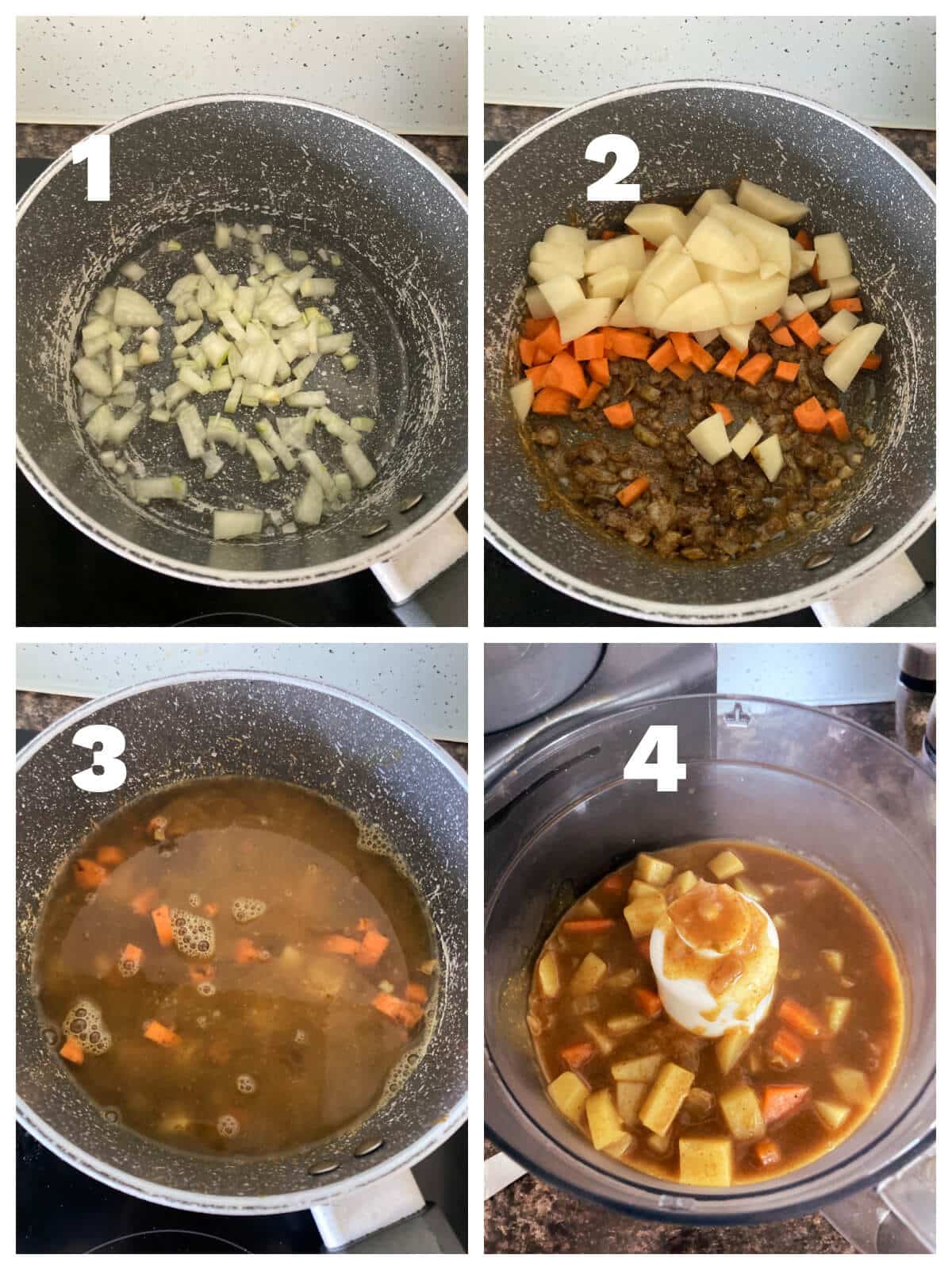 Collage of 4 photos to show how to make katsu sauce.