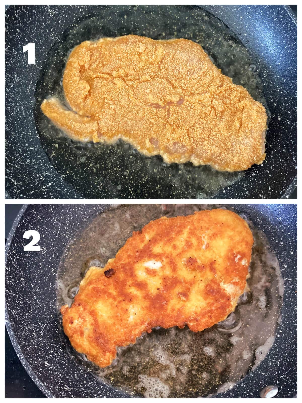 Collage of 2 photos to show how to fry the chicken cutlet.