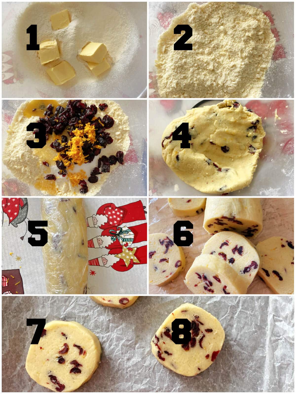 Collage of 8 photos to show how to make cranberry and orange cookies.