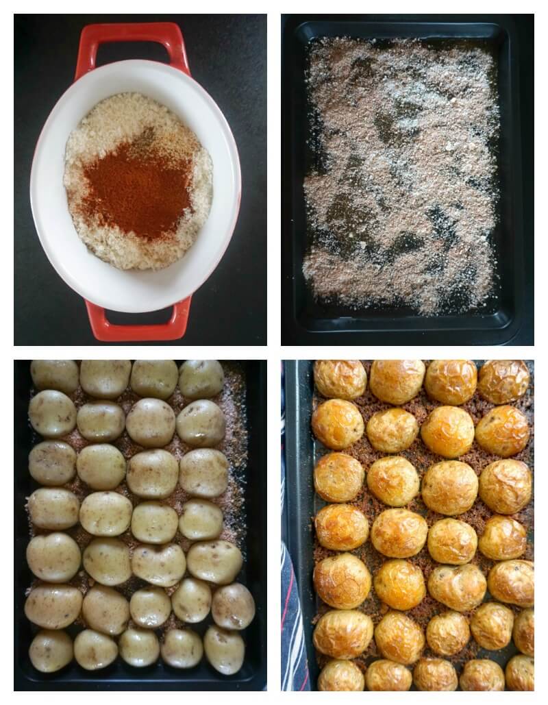 Collage of 4 photos to show step by step how to make Crispy Roasted Garlic Parmesan Potatoes.