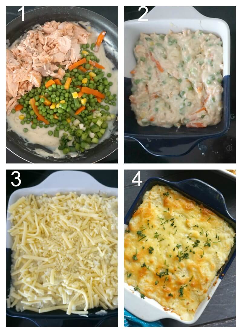 Collage of 4 photos to show how to make fish pie with mashed potatoes.