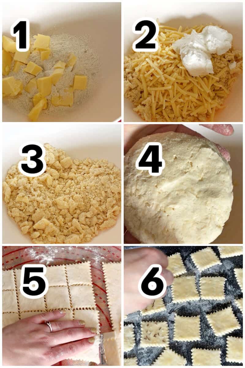 Collage of 6 photos to show how to make cheese bites.