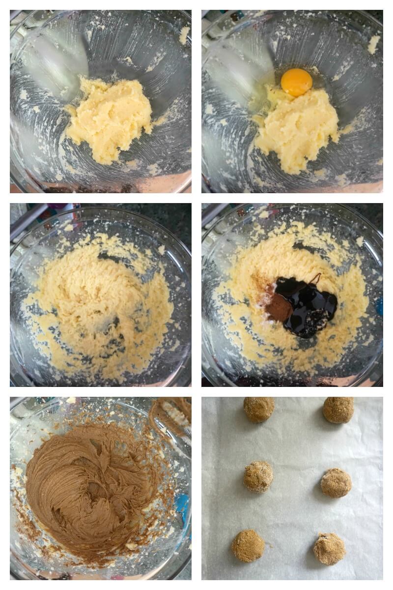 Collage of 6 photos to show how to make ginger snap cookies.
