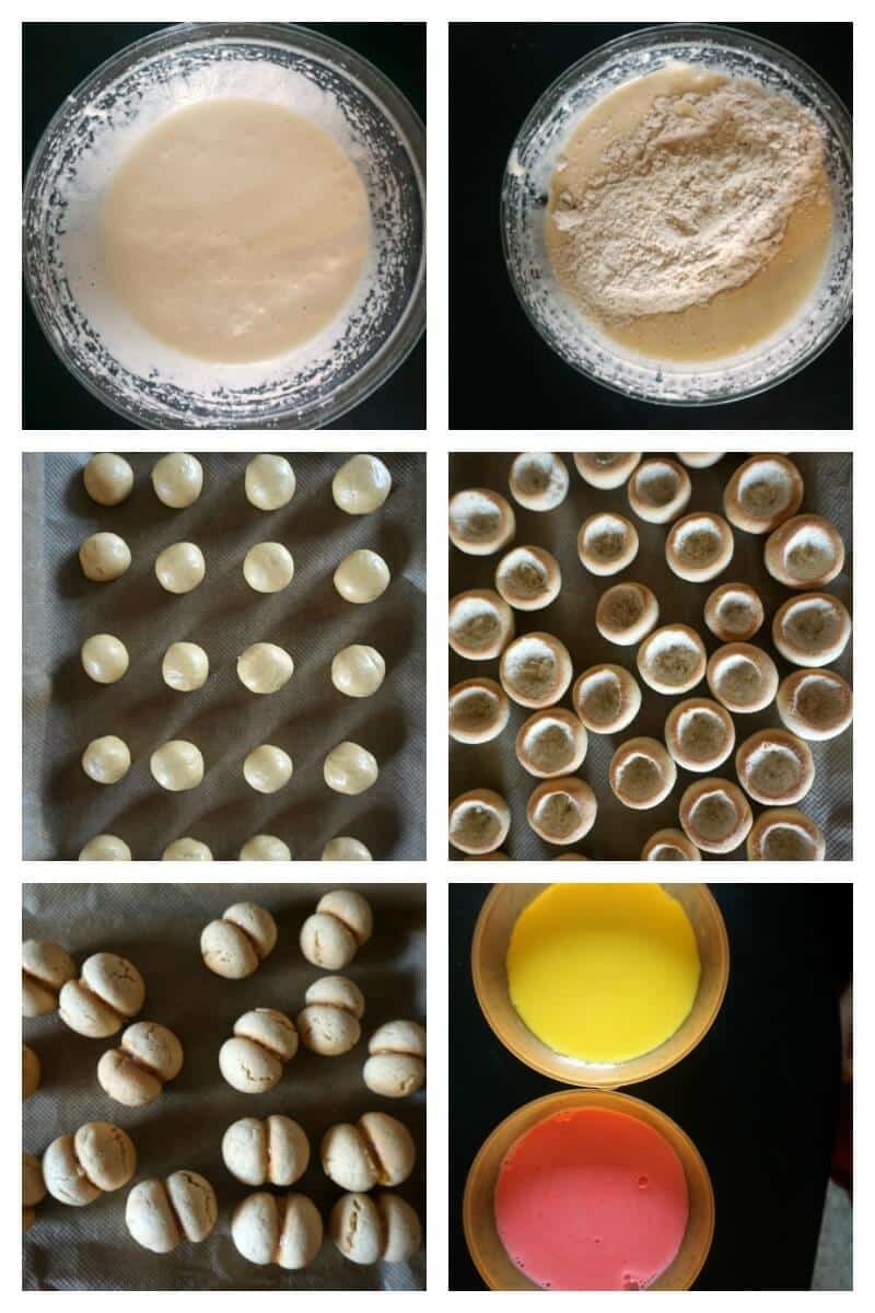 Collage of 6 photos to show how to make peach cookies.