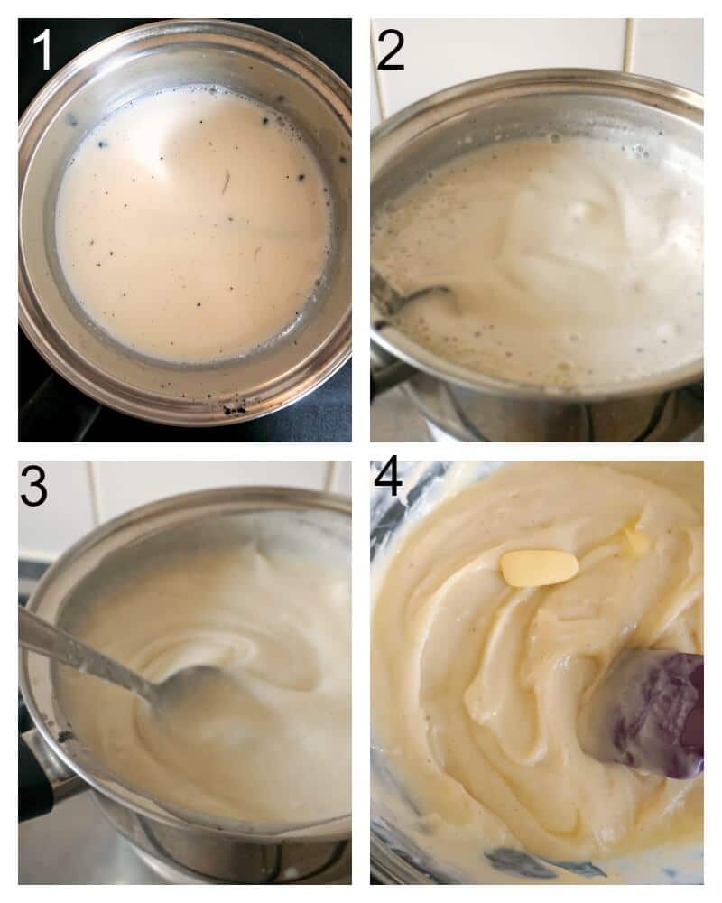 Collage of 4 photos to show how to make creme patissiere for eclairs.