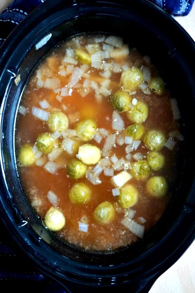 Overhead shoot of a slow cooker bowl with chicken soup