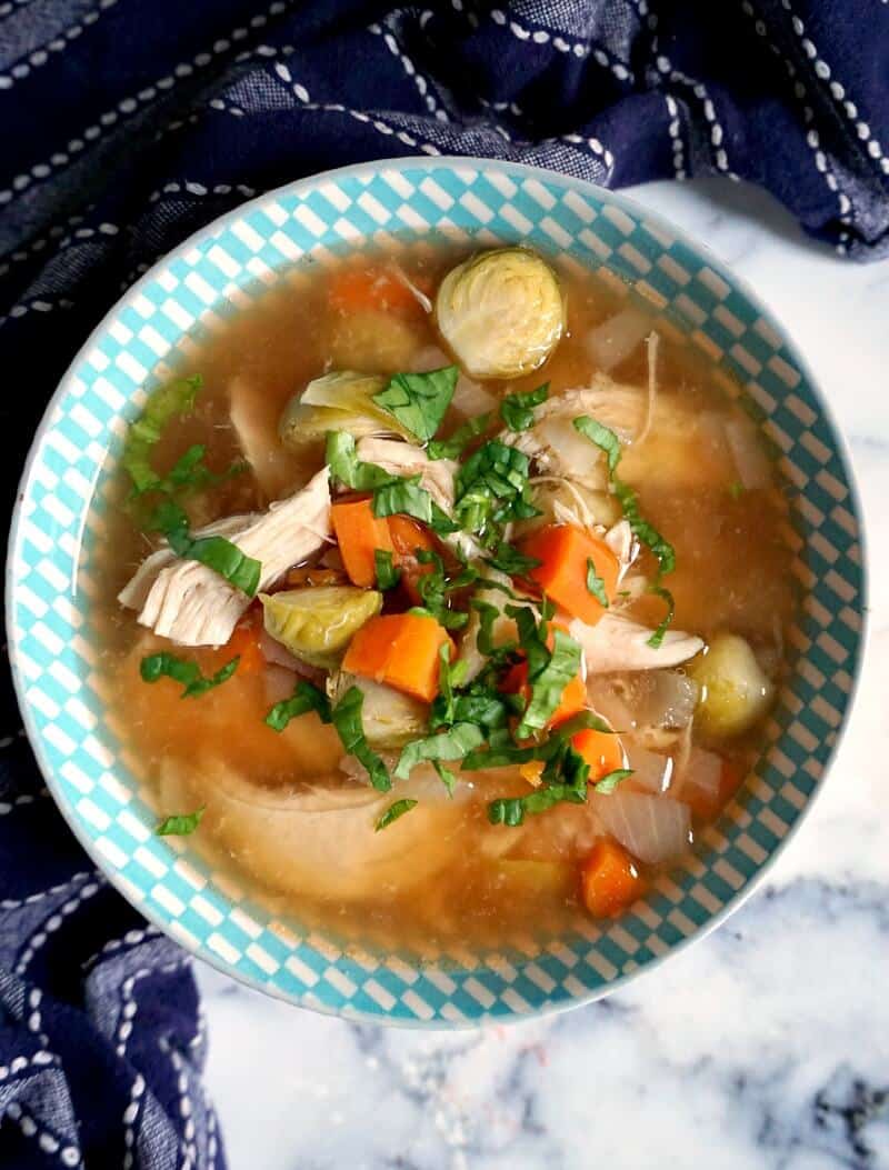 Overhead shoot of a bowl of slow cooker chicken soup