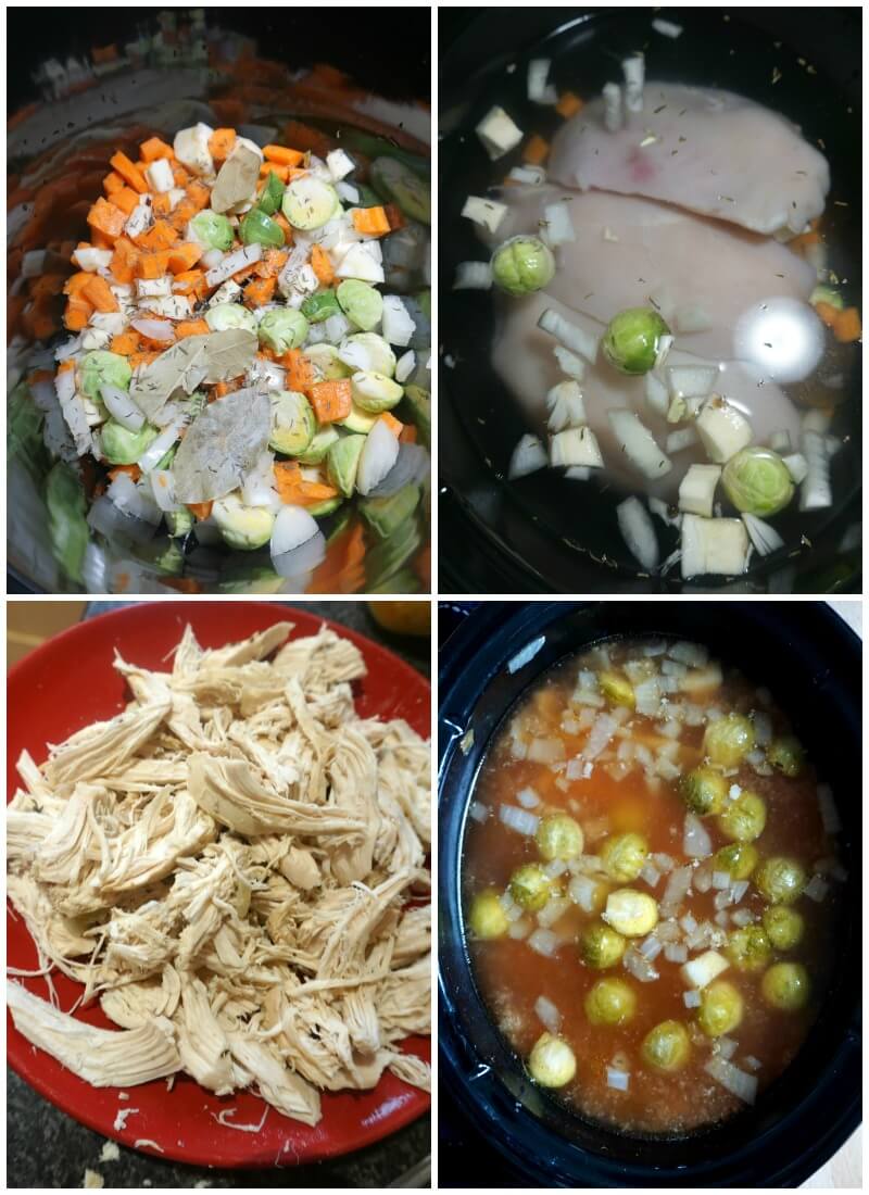 Collage of 4 photos to show how to make slow cooker chicken soup