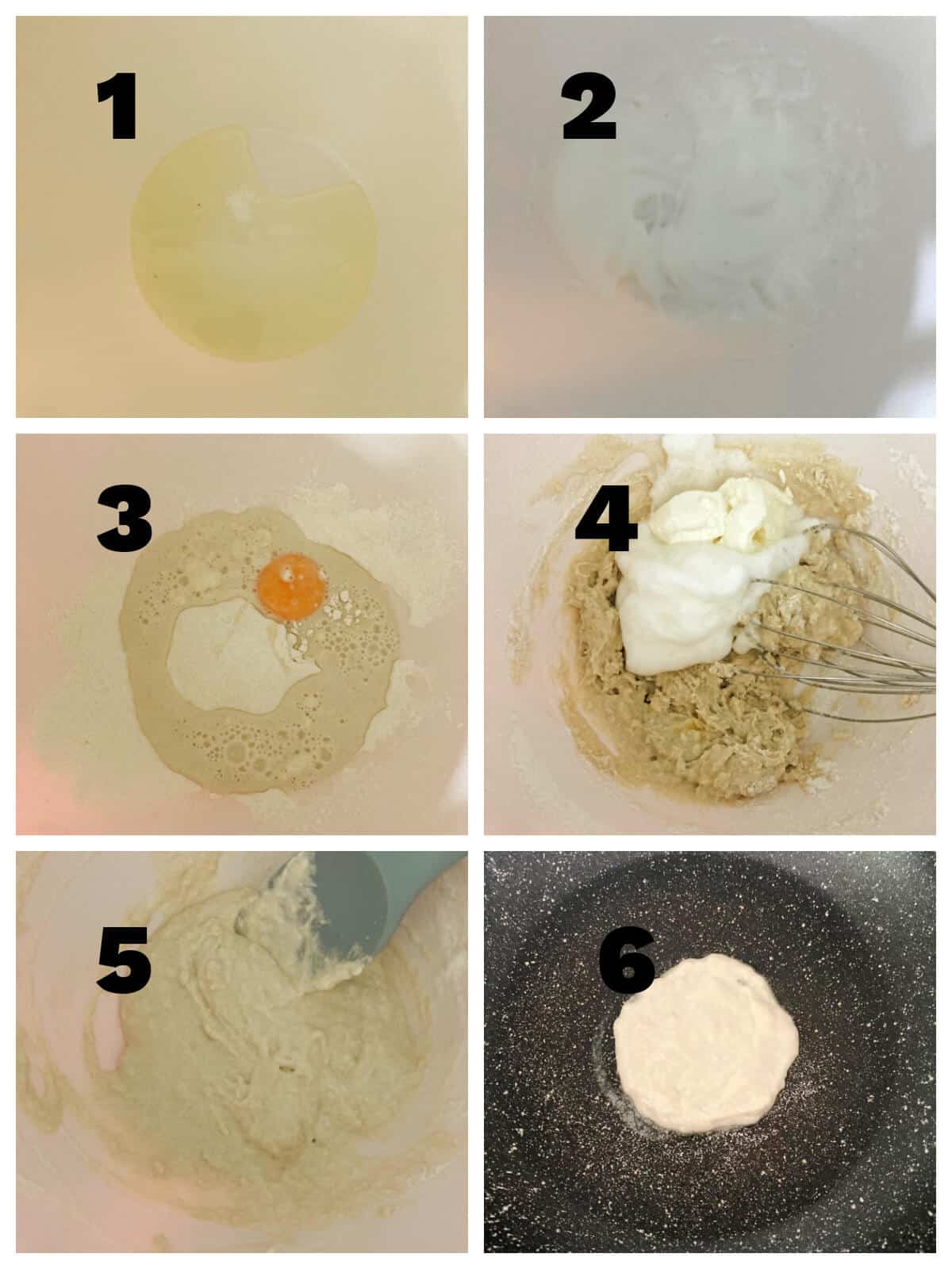 Collage of 6 photos to show how to make blinis.