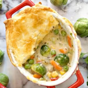 Overhead shoot of a pot with vegetable pie