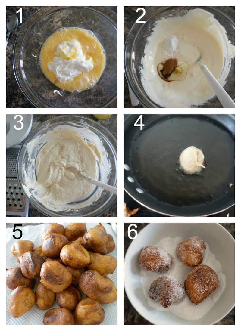 Collage of 6 photos to show how to make beignets without yeast.