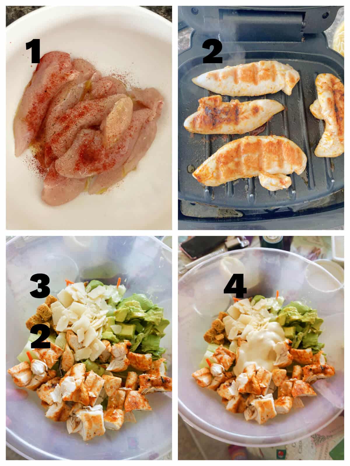 Collage of 4 photos to show how to make caesar salad with grilled chicken.