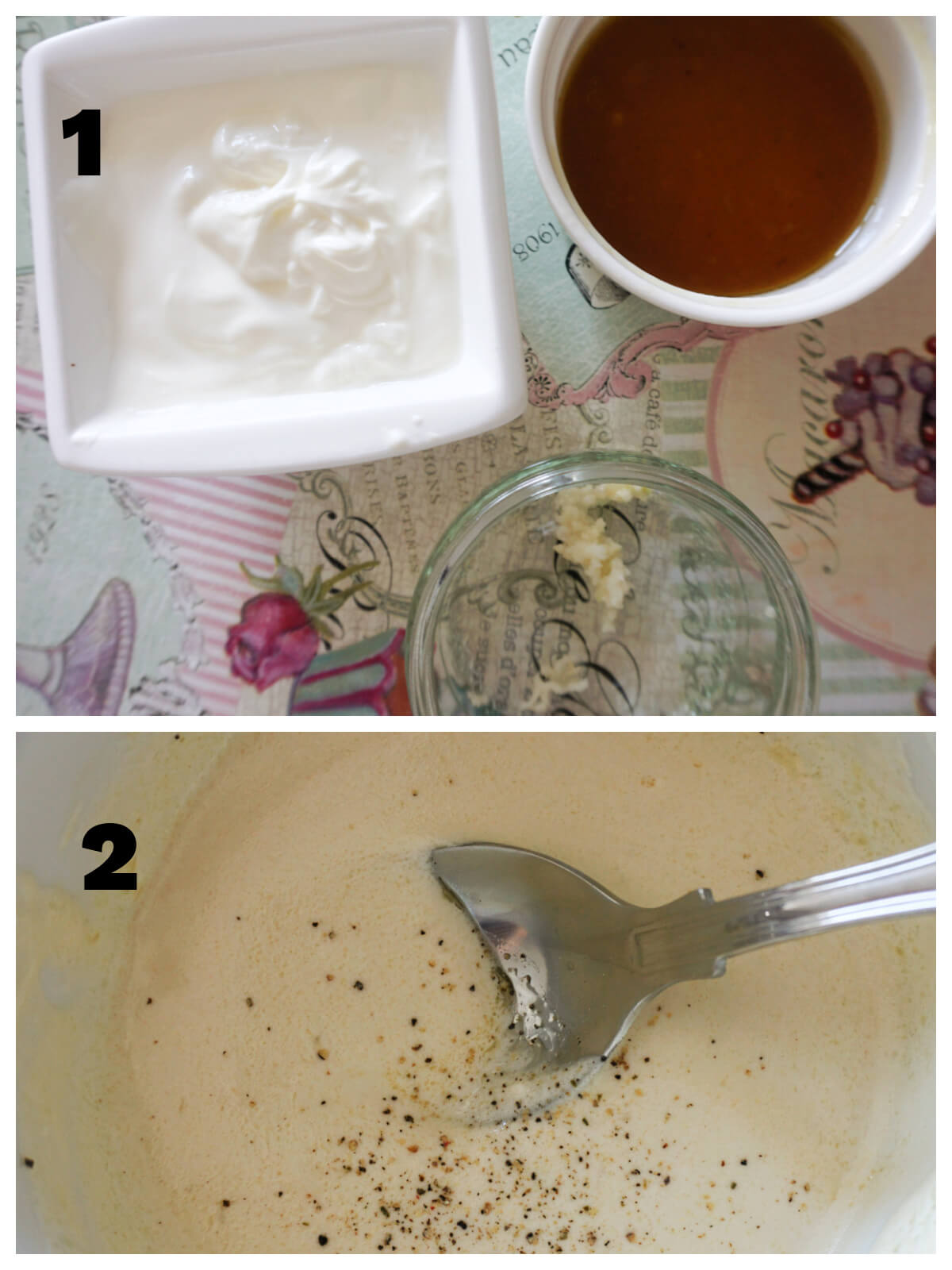 Collage of 2 photos to show how to make Caesar Salad dressing.