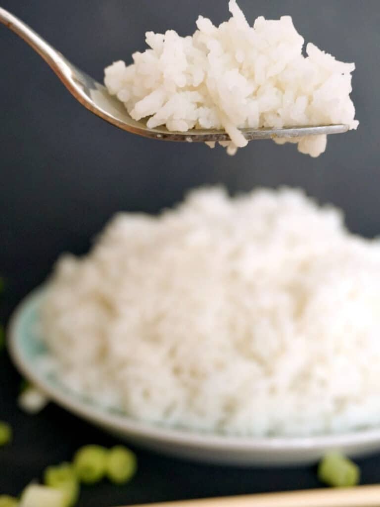 A forkful of basmati rice with a plate with more rice in the background