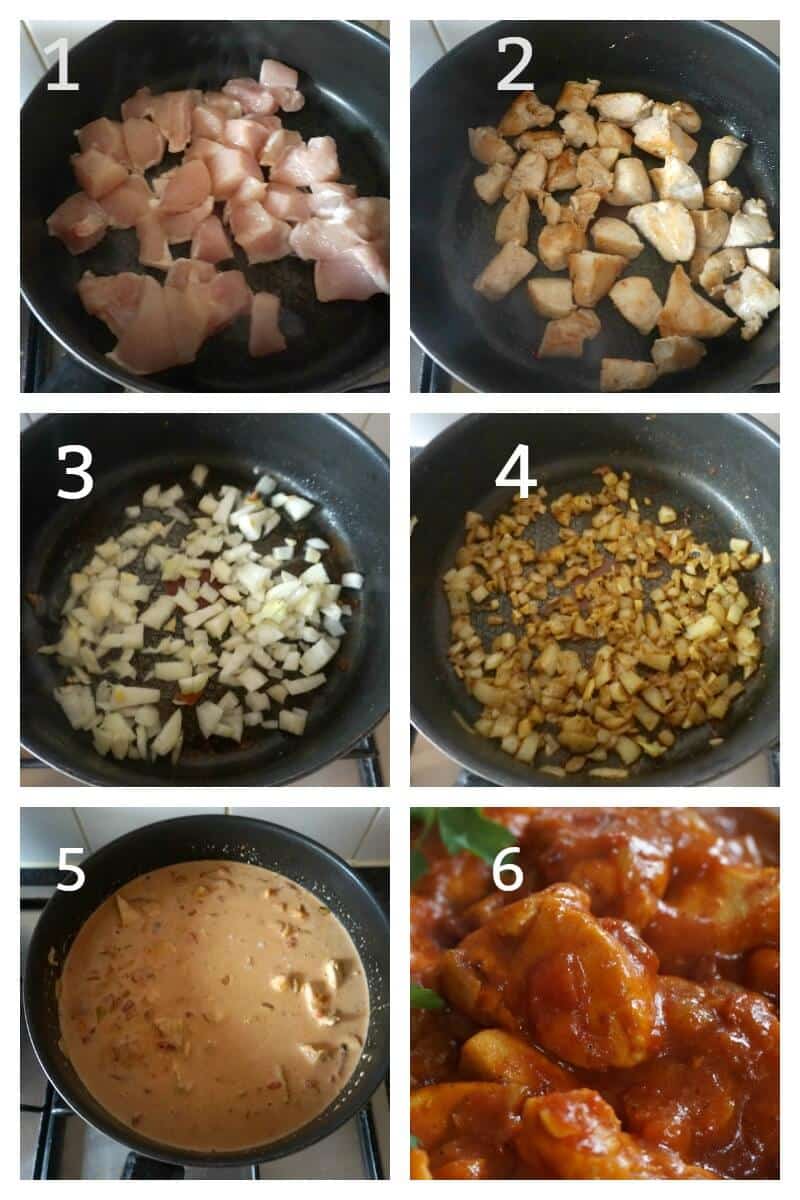 Collage of 6 photos to show how to make indian chicken curry with coconut milk