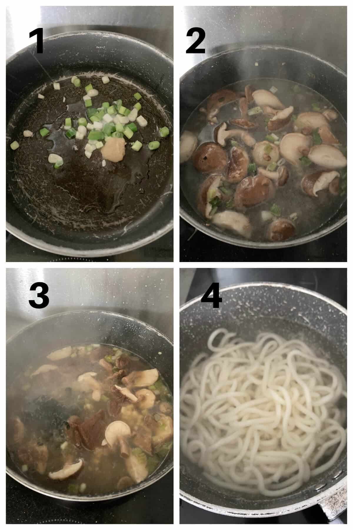 Collage of 4 photos to show how to make miso udon noodle soup.