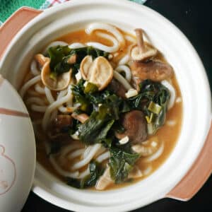A white bowl of miso udon noodle soup.